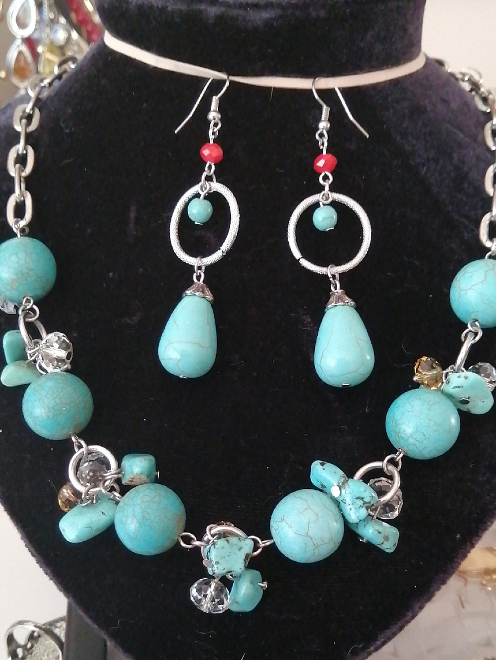 Turquoise Hawlite Bead Drop Necklace & Earring Set - Women Jewelry